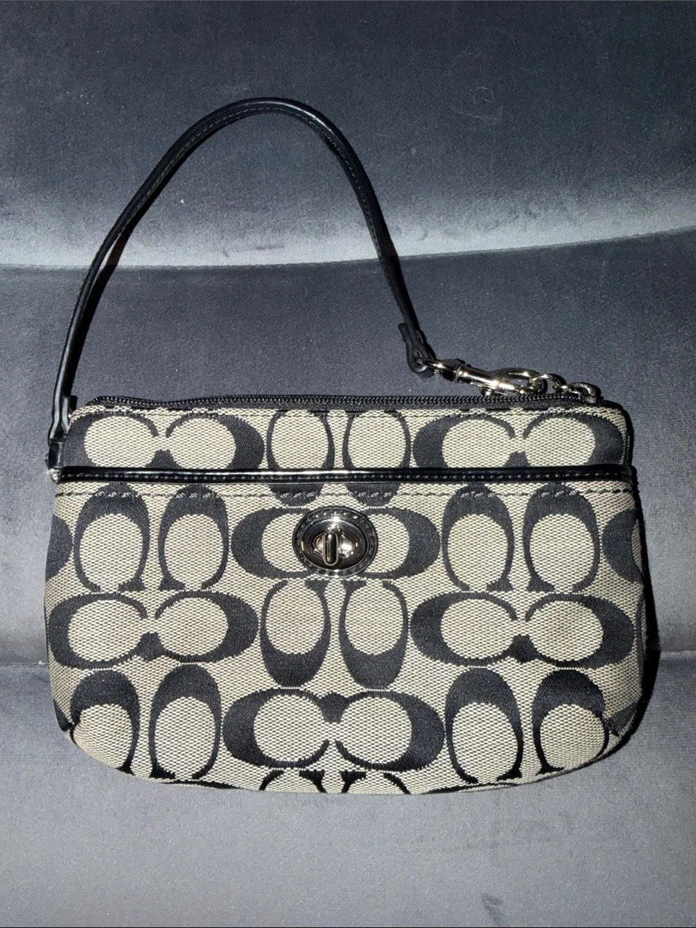 Coach Black and Tan Signature Wristlet with Turn-Lock